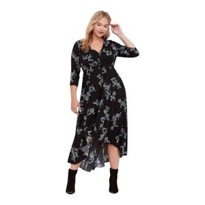 NWT Torrid Challis Hi-Lo Dress 2X Black Floral 3/4 Sleeve Button Front Midi